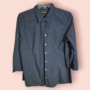 Eddie Bauer Women Size M Blue Button Up Long Sleeve 3/4 Geometric Shirt  (A16)‎